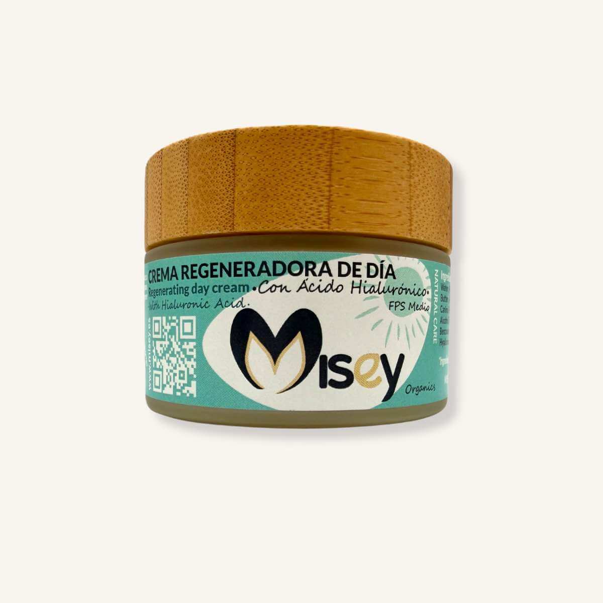 Crema regeneradora de día Misey con ácido hialurónico y envase de bambú sostenible.