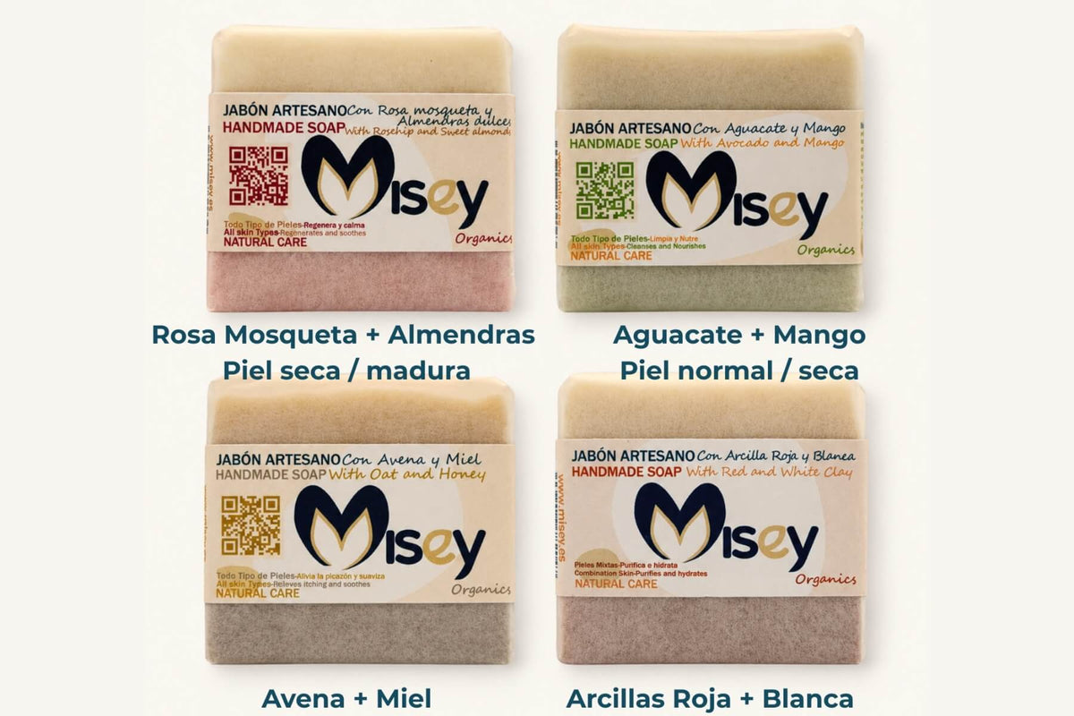 Cuatro jabones artesanos MISEY: Rosa Mosqueta y Almendras para piel seca o madura, Aguacate y Mango para piel normal o seca, Avena y Miel para piel sensible y Arcillas Roja y Blanca para piel mixta o grasa.