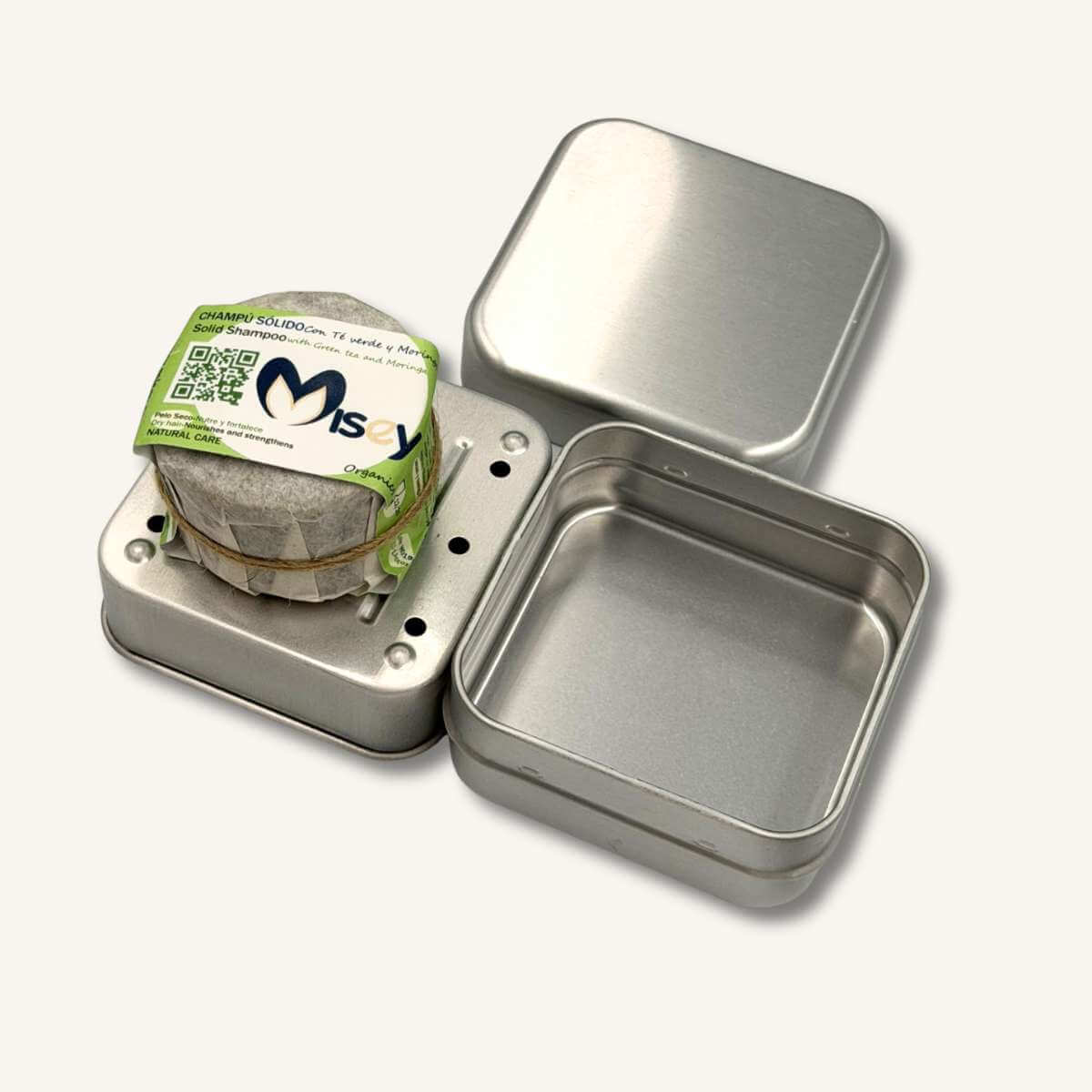 Kit de cosmética sólida para viaje con jabonera de aluminio inoxidable.