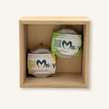 Pack dúo de champús sólidos de Misey (Caléndula y Té Verde) presentados en una caja de madera sostenible, ideal para regalo zero waste.