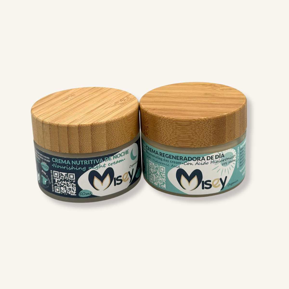 Pack facial día y noche Misey con crema regeneradora y nutritiva en envase de bambú.