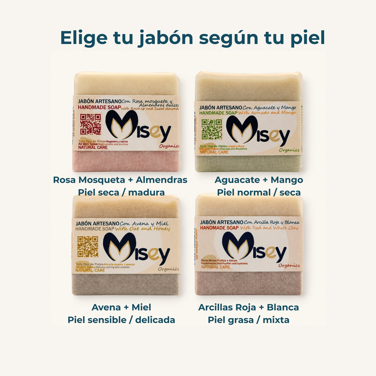 Cuatro jabones artesanos MISEY para elegir según el tipo de piel: Rosa Mosqueta y Almendras para piel seca o madura, Aguacate y Mango para piel normal o seca, Avena y Miel para piel sensible o delicada y Arcillas Roja y Blanca para piel grasa o mixta.