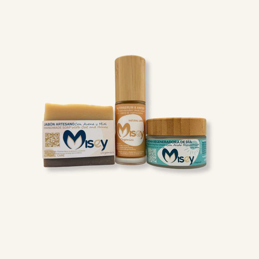 Rutina facial de mañana Misey de 3 pasos para piel mixta seca o madura con jabón artesano, sérum y crema regeneradora de día.