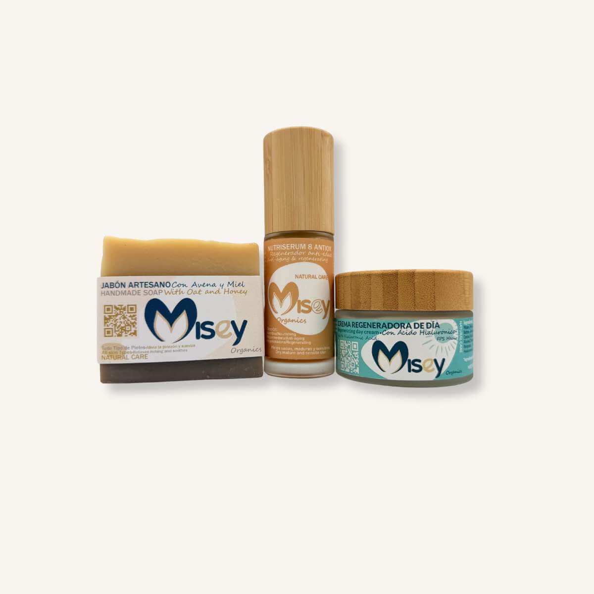 Rutina facial de mañana Misey de 3 pasos para piel mixta seca o madura con jabón artesano, sérum y crema regeneradora de día.