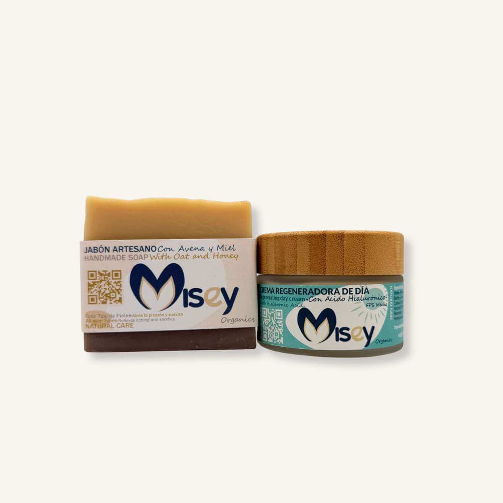 Rutina de mañana Misey de 2 pasos para piel normal o grasa con jabón artesano y crema facial ligera.