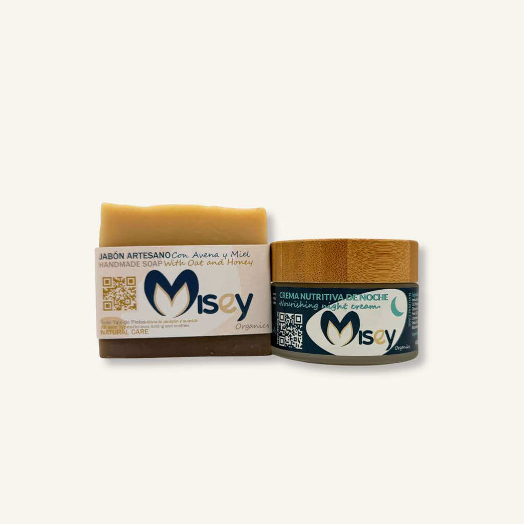 Rutina facial de noche Misey de 2 pasos para limpieza y reparación profunda con jabón artesano y crema nutritiva de noche.