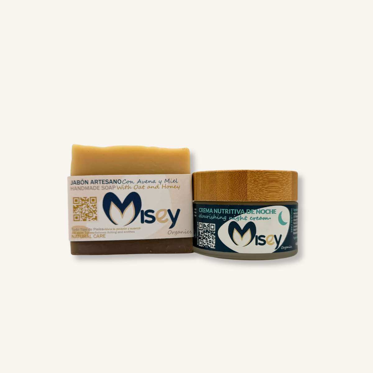 Rutina facial de noche Misey de 2 pasos para limpieza y reparación profunda con jabón artesano y crema nutritiva de noche.